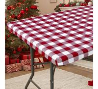 Smiry Rectangle Picnic Table Cloth, Elastic Waterproof Fitted Vinyl Tablecloths, Flannel Backed Buffalo Plaid Table Covers for Dining, Camping, Outdoor (Burgundy and White, 30" x 48")