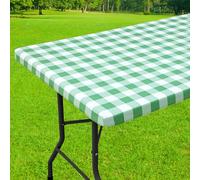 Smiry Rectangle Picnic Table Cloth, Elastic Waterproof Fitted Vinyl Tablecloths, Flannel Backed Buffalo Plaid Table Covers for Dining, Camping, Outdoor (Sage Green and White, 30" x 72")