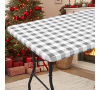 Smiry Rectangle Picnic Table Cloth, Elastic Waterproof Fitted Vinyl Tablecloths, Flannel Backed Buffalo Plaid Table Covers for Dining, Camping, Outdoor (White and Grey, 30" x 60")