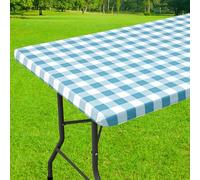 Smiry Rectangle Picnic Table Cloth, Elastic Waterproof Fitted Vinyl Tablecloths, Flannel Backed Buffalo Plaid Table Covers for Dining, Camping, Outdoor (White and Aqua, 30" x 48")