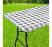 Smiry Rectangle Picnic Table Cloth, Elastic Waterproof Fitted Vinyl Tablecloths, Flannel Backed Buffalo Plaid Table Covers for Dining, Camping, Outdoor (White and Grey, 36" x 60")