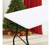 smiry Rectangle Picnic Table Cloth, Waterproof Elastic Fitted Tablecloths for 8 Foot Tables, Washable Polyester Table Cover for Camping, Indoor and Outdoor (White, 30"x96")