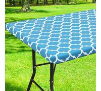 Smiry Rectangle Picnic Table Cover Waterproof Stretch Fitted Tablecloth for 4 Foot Tables Wipeable Flannel Backing Vinyl Protector for Indoor Outdoor (Light Blue, 24 x