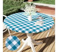 Smiry Round Picnic Table Cloth, Elastic Waterproof Fitted Vinyl Tablecloth for 57"-68" Tables, Flannel Backed Buffalo Plaid Table Covers for Dining, Camping, Outdoor, White and Turquoise