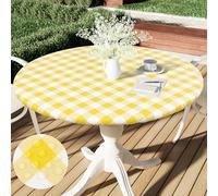 Smiry Round Picnic Table Cloth, Elastic Waterproof Fitted Vinyl Tablecloth for 57"-68" Tables, Flannel Backed Buffalo Plaid Table Covers for Dining, Camping, Outdoor, White and Yellow