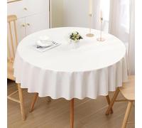 smiry Round Table Cloth Wipe Clean 150 cm, Wipeable Water Resistant Linen Tablecloth, Fabric Washable Dining Table Cover for Kitchen Indoor Outdoor, White