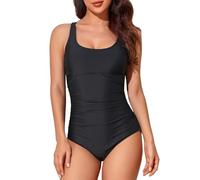 Smismivo Tummy Control Swimsuits for Women One Piece Black Modest Full Coverage Swimwear Ruched Vintage Swimming Suit Scoop Neck Swimming Costume