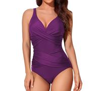Smismivo Tummy Control Swimsuits for Women Slimming One Piece Bathing Suit Modest Padded Ruched Push Up Long Torso Curvy Cute Shapewear V Neck Criss Cross Swimming Full Coverage Swimwear (Purple)