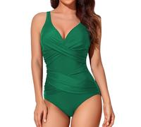 Smismivo Tummy Control Swimsuits for Women Slimming One Piece Bathing Suit Modest Padded Ruched Push Up Long Torso Curvy Cute Shapewear V Neck Criss Cross Swimming Full Coverage Swimwear (Green)
