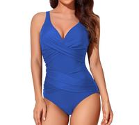 Smismivo Tummy Control Swimsuits for Women Slimming One Piece Bathing Suit Modest Padded Ruched Push Up Long Torso Curvy Cute Shapewear V Neck Criss Cross Swimming Full Coverage Swimwear (Blue)