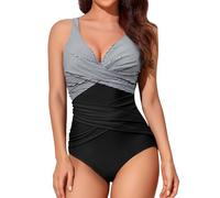 Smismivo Tummy Control Swimsuits for Women Slimming One Piece Bathing Suit Modest Padded Ruched Push Up Long Torso Curvy V Neck Cute Criss Cross Swimming Full Coverage Swimwear (Black White Stripe)