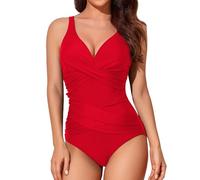 Smismivo Tummy Control Swimsuits for Women Slimming One Piece Bathing Suit Modest Padded Ruched Push Up Long Torso Curvy Cute Shapewear V Neck Criss Cross Swimming Full Coverage Swimwear (Red)