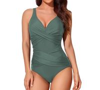 Smismivo Tummy Control Swimsuits for Women Slimming One Piece Bathing Suit Modest Padded Ruched Push Up Long Torso Curvy Shapewear V Neck Criss Cross Swimming Full Coverage for Swimwear (Olive Green)