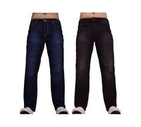 SMITH & JONES 2 Pack Mens Stretch Jeans Zip Fly, Classic Everyday Denim Trousers Stretchy Man Straight Leg Jean Black Blue Stonewash Dark Regular Waist Twin Multipack Dark Wash/Black 38W /30L