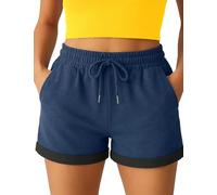 Smith & Solo Women's Cotton Sport Shorts, Short Trousers, Women's Summer High Waist Shorts with Pockets, Jogging, Yoga and Fitness, Navy blue, L