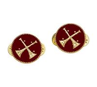 Smith & Warren Red Two Crossed Battalion Fire Chief Bugles Round Disc Uniform Pin Collar Insignia, Brass, no gemstone