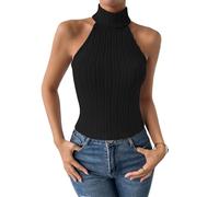 SMIUPIN Knitted Sleeveless Tops for Women High Neck Tank Top Turtleneck Stretchable Fitted Crop Top Summer Knit Sweater Vest,S,Black