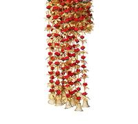 Smizzy Decoration Artificial Rose Flowers Garlands with Bells for Decoration Hanging | Red Golden Color | 155 cm/ 5 ft Long | Pack of 4 | for Festival Navratri Diwali Marriages Temple Home and Office
