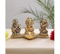 SMIZZY God Idols for Pooja Room Metal Antique Ganesh laxmi Saraswati Idol Murti for Home Decor Diya, Blessing Ganpati for Diwali Decoration Festival, Golden