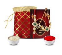 SMIZZY ; (RE) TOUCHING LIVES Combo Set Of 2 Designer Kundan Pearls Lumba Bracelet With Printed Potli Bag, Roli Chawal And Greeting Card For Brother, One Size, One Size, kundan