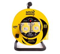 SMJ 110V Light Industrial Extension Cable Open Drum Reel - Thermal Cut Out - 25m 16A 2 Way Gang Sockets 1.5mm IP44 Splash Proof Steel Frame Handle