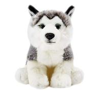 SMJWH Realistic Alaskan Malamute Puppy Plush Toy Grey Sitting Sled Dog Stuffed Animal Cute Wolf Dog Soft Cuddle Companion Educational Arctic Dog Gift