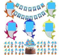 SMLH smileh Baby Shark Birthday Decoration Balloons Happy Birthday Banner Cake Toppers Helium Foil Balloon Cake Decoration for Kids Birthday Party Decoration Supplies