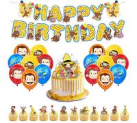 SMLHPARTY Curious George Birthday Decoration Pack - 13pcs Cake Decorations, 1pcs Banner, 16pcs Balloons (Yellow, Cartoon, Animal Theme)