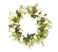 SMLJFO Artificial Daisy Wreath, Wreath Wall Hanging With Green Leaves Spring Summer Wreaths For Front Door Indoor Outdoor Home Wall Wedding Decor White 35cm