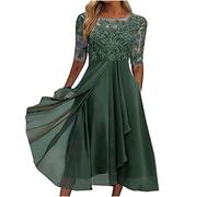 Smock Dresses for Women UK Dresses for Women UK Elegant Plus Size Chiffon Dress Sexy Splicing Midi Sleeve Waist Gowns Dresses Round Neck Summer Party Long Dresses Clearance