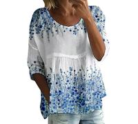 Smock Tops for Women UK, Linen Tops for Women UK, 3/4 Sleeve Crew Neck Boho T-Shirts Elegant Floral Print Blouses Breathable Lightweight Shirts Linen Shirt