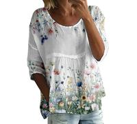 Smock Tops for Women UK, Linen Tops for Women UK, 3/4 Sleeve Crew Neck Boho T-Shirts Elegant Floral Print Blouses Breathable Lightweight Shirts Linen Shirt