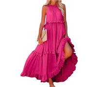 Smocked Halter Maxi Dress for Women Elegant Loose Flowy Tiered Ruffle Dress Summer Swing Beach Dresses with Pockets, L012-hot Pink, XXL
