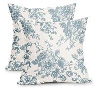 Smoke Blue and Cream Floral Pillow Covers 18x18 Inch Set of 2 Vintage Floral Throw Pillow Covers Chinoiserie Flower Pillowcases Rustic Farmhouse Cotton Linen Cushion Covers for Couch Bed Sofa Decor