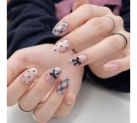 Smoke Grey Plaid Press On Nails With Pink Dots And Black Bow Accent - 30PCS Oval Glossy False Nails For Women And Girls Featuring French Manicure Design And Single Rhinestone Elegant Details
