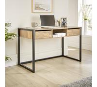 Smoked Oak Office Desk Workstation 2 Drawer Shelf Storage PC Black Metal Legs