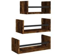 vidaXL Set of 3 Smoked Oak Wooden Wall Shelf with Bars