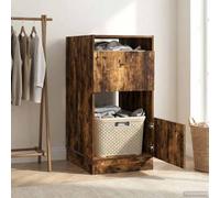 Smoked Oak Wood Laundry Cabinet with 4 Compartments and 2 Hinged Doors, Modern Storage for Bathroom and Living Room, Compact, Durable, Space Saving, Versatile