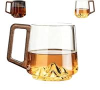 Smokey Gray Glass Slanted Coffee Cup with Wooden Handle, Creative Wonder Mountain Bottom Wood Handle Cup, Retro & Heat/Cold Resistant, for Coffee & Tea Lovers (Transparent Color)