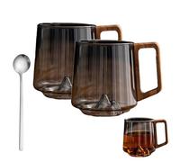 Smokey Gray Glass Slanted Coffee Cups with Wooden Handle, 15.2oz Creative Mountain Bottom Mug for Heat Resistant Coffee, Tea & Whiskey (2pcs)