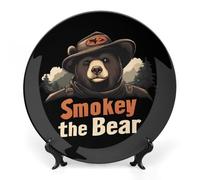 Smokey The Bear Fire Danger Bone China Decorative Plate Ceramic Wall Dinner Plates with Display Stand for Home Kitchen Decor 10inch
