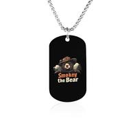 Smokey The Bear Fire Danger Memorial Necklace Medallion Pendant with Long Chain Stainless Steel Rectangle Dog Tag for Men Women