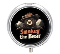 Smokey The Bear Fire Danger Pill Box with 3 Compartments and Mirror Cute Metal Round Pill Case for Vitamin Fish Oils