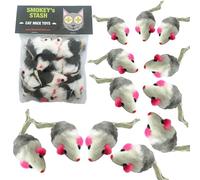 Smokey's Stash Gray and White Faux Fur Cat Mice Toy 12 Per Pack Multi Color Realistic Interactive Small Mouse with Rattle and Catnip Safe for Adult Cats and Kittens