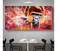Smoking a Cigar Monkey Painting on Canvas Street Graffiti Art Gorilla Posters and Prints Scandinavian Wall Art Picture Red 44x92cm Frameless