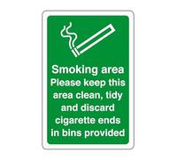 Smoking area please keep this area clean, tidy and discard cigarette ends in bins provided - safety sign - High tack self-adhesive sticker (300mm x 200mm) Viewing Distance within 7m.