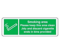 Smoking Area Please Keep This Area Clean Tidy And Discard - safety sign - High tack self-adhesive sticker (450mm x 150mm) Viewing Distance within 7m.
