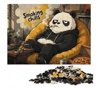Smoking Chills Panda Cartoon Illustration Jigsaw Puzzle, 1000 Pieces | For adults: Adult Puzzle - shared home puzzle activity on weekends.