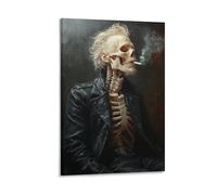 Smoking Skeleton in Leather Jacket Canvas Wall Art Grunge Skull Poster with Dark Oil Painting Style for Bar Tattoo Studio Bedroom Man Cave Edgy Alternative Decor Gift 12x18inch(30x45cm) Framed