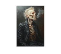 Smoking Skeleton in Leather Jacket Canvas Wall Art Grunge Skull Poster with Dark Oil Painting Style for Bar Tattoo Studio Bedroom Man Cave Edgy Alternative Decor Gift 08x12inch(20x30cm) Unframed